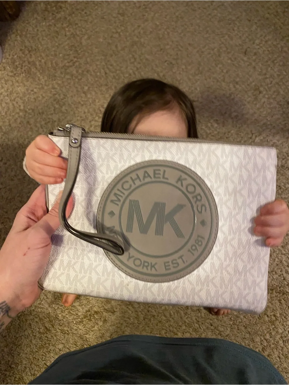 Michael Kors White Logo Wristlet Pouch with Gray Trim